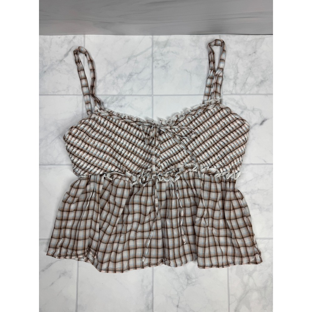 American Eagle Plaid Smocked Peplum Cami Top Brown Blue XS RN54485